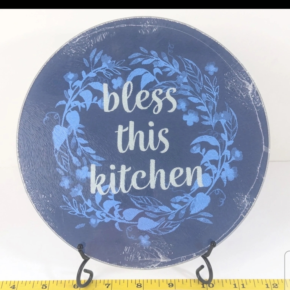 Blue Floral "Bless This Kitchen" Tempered Glass Trivet/ Cutting Board Round 8”